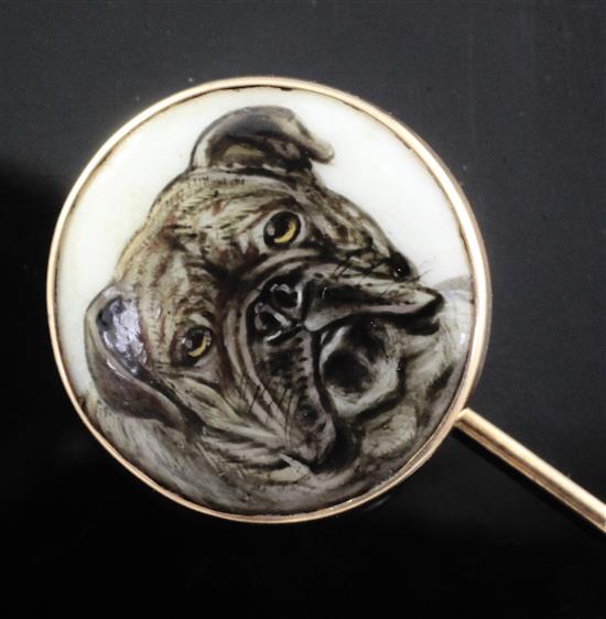 John William Bailey-(active 1860-1910) a gold mounted enamel tie pin inset with a portrait of a bulldog 91mm.